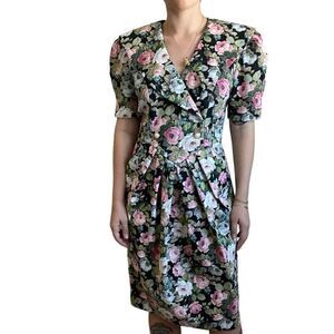 Jessica Howard 80s Dark Floral Secretary Boho Prairie Retro Mini Dress Sz M